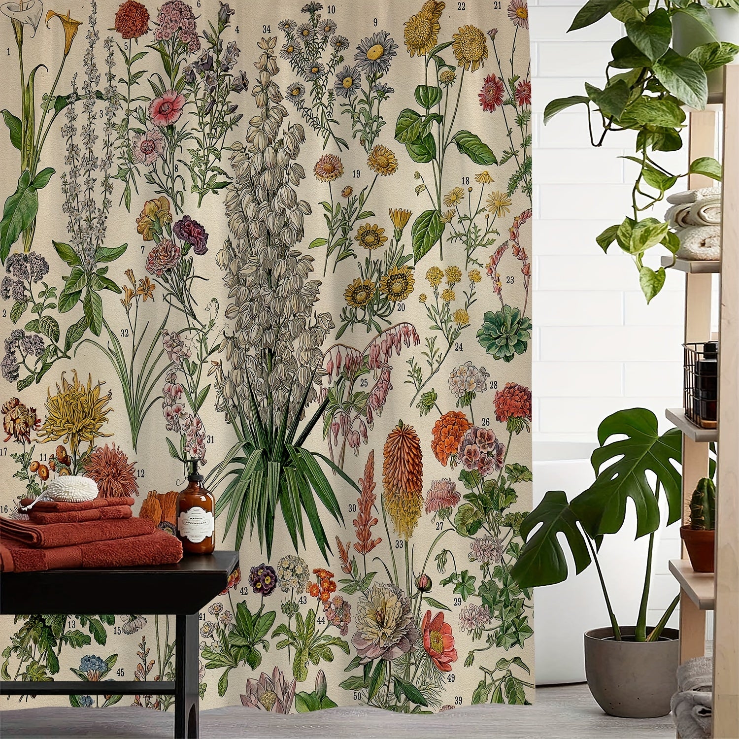 Green Floral Print Shower Curtain Waterproof Fabric Bathroom Decor 180x180