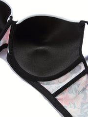 Colorblock Floral Print Molded Cup Underwire Bow Bra