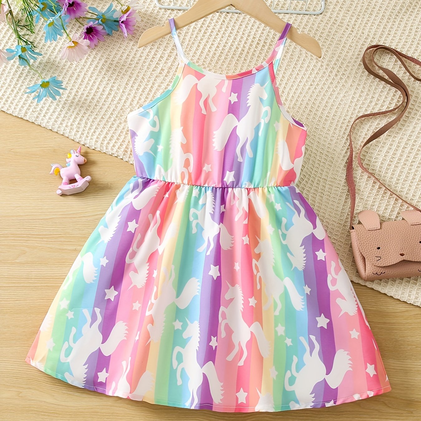 Girls' Rainbow Unicorn Print Cami Dress Kids Beach Vacation Outfit