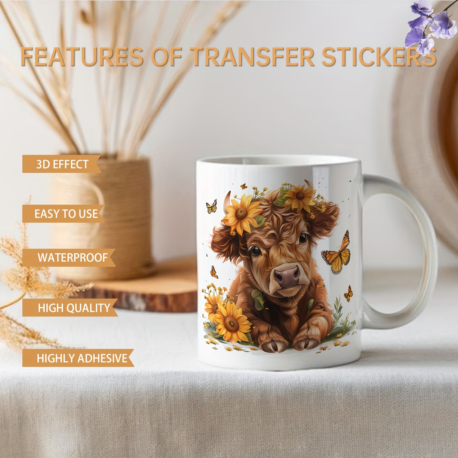 24pcs Sunflower Highland Cows UV DTF Wraps Stickers for Mugs, Glass & Ceramic
