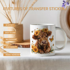 24pcs Sunflower Highland Cows UV DTF Wraps Stickers for Mugs, Glass & Ceramic