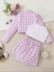 Toddler Girls Plaid 3pcs Set Coat Vest Skirt Kids Clothing