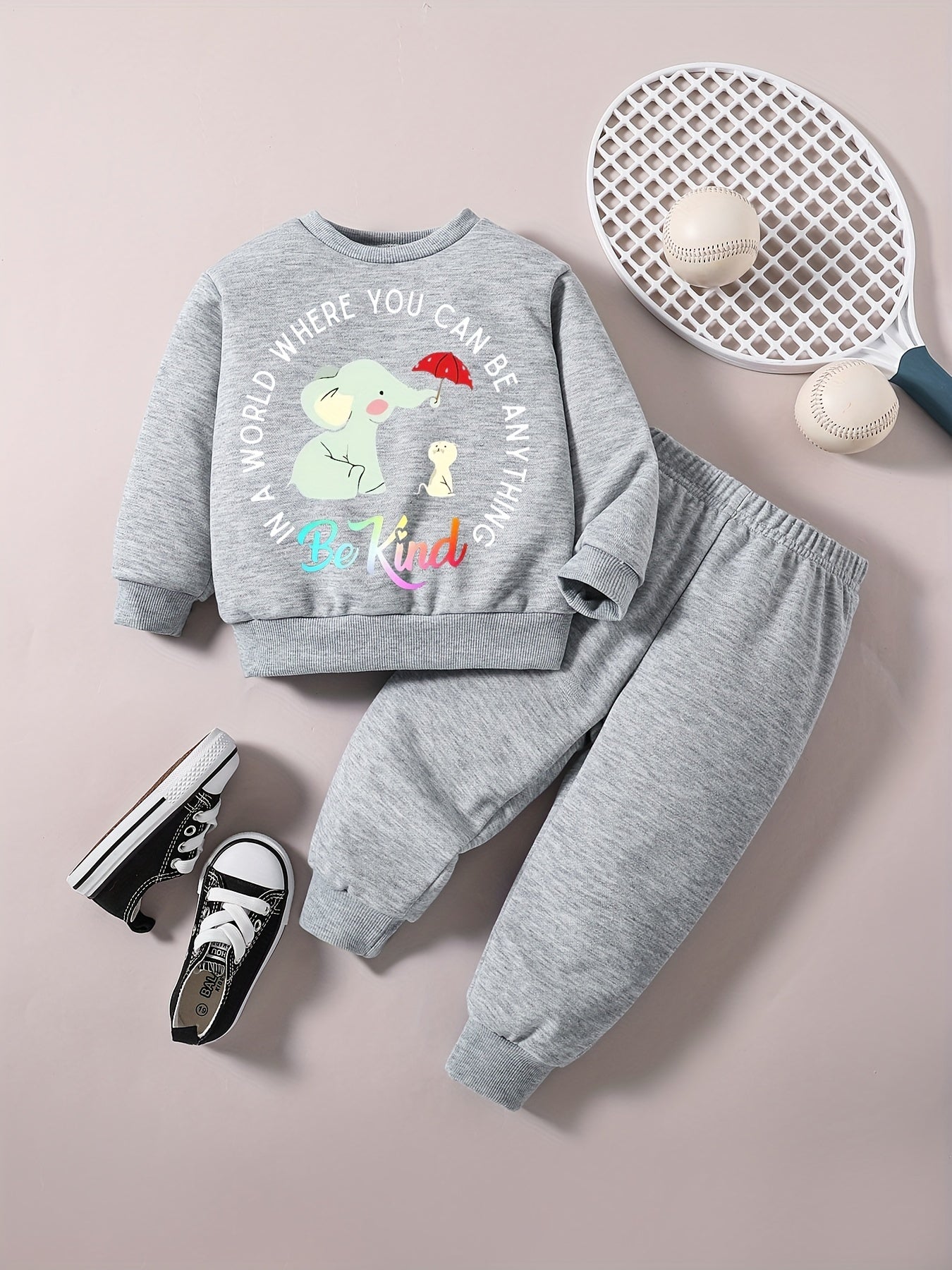 Baby Girl Casual Set Cartoon BE KIND Graphic Sweatshirt Pants Outfit