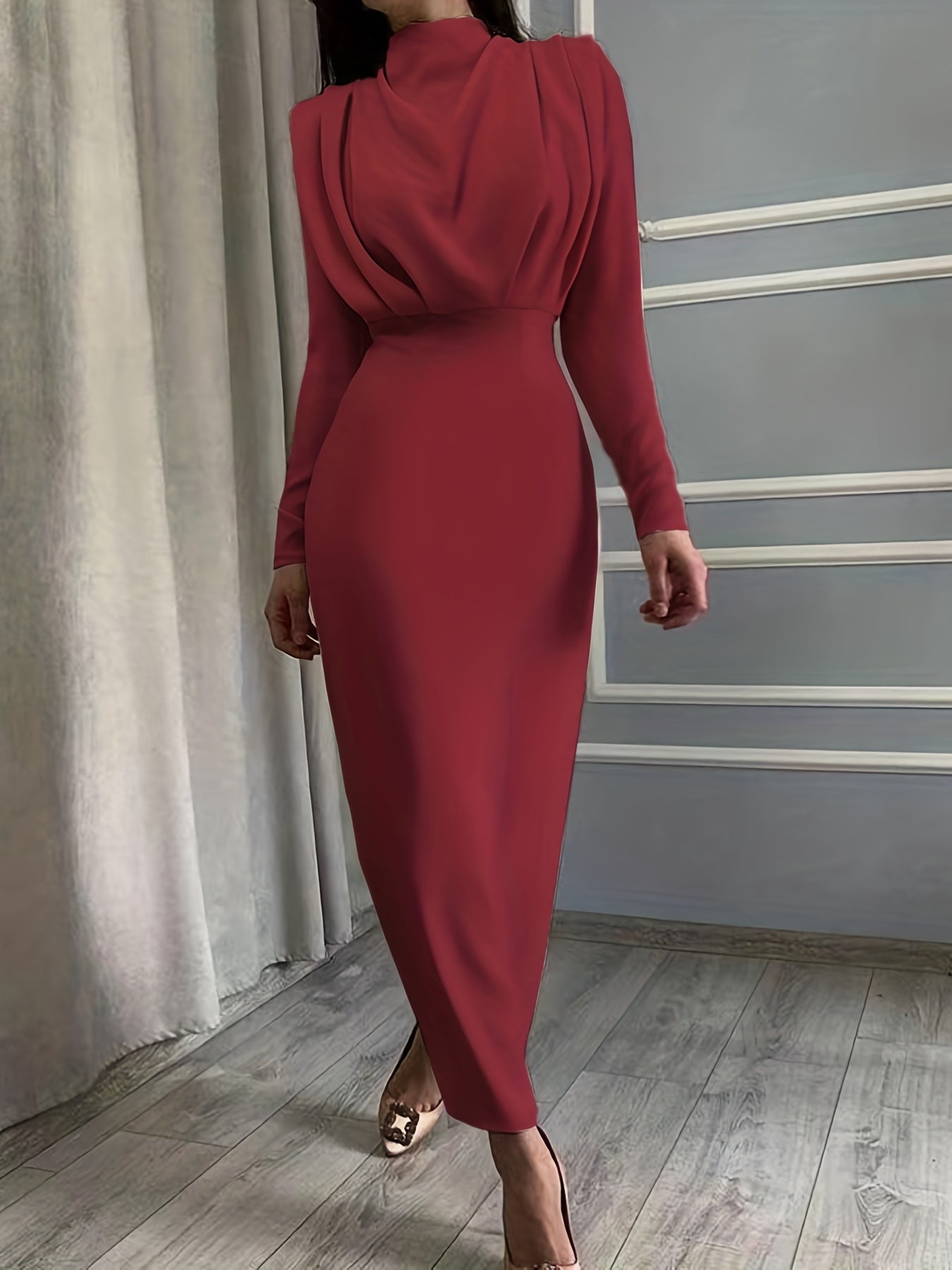 Ruched Long Sleeve Slim Waist Dress Women's Clothing