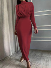 Ruched Long Sleeve Slim Waist Dress Women's Clothing