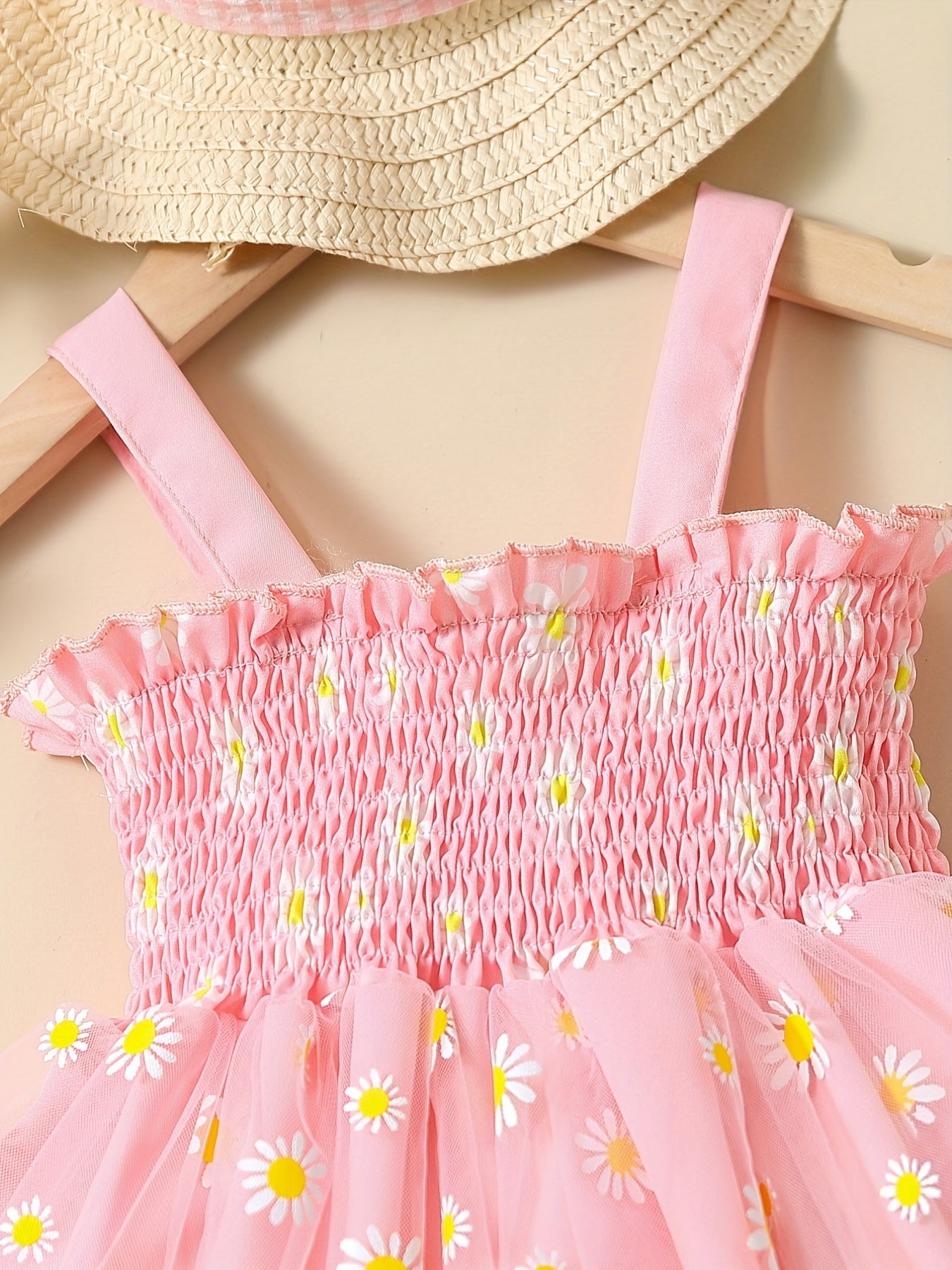 Baby Girls Daisy Graphic Print Thin Strap Mesh Dress Clothes For Summer