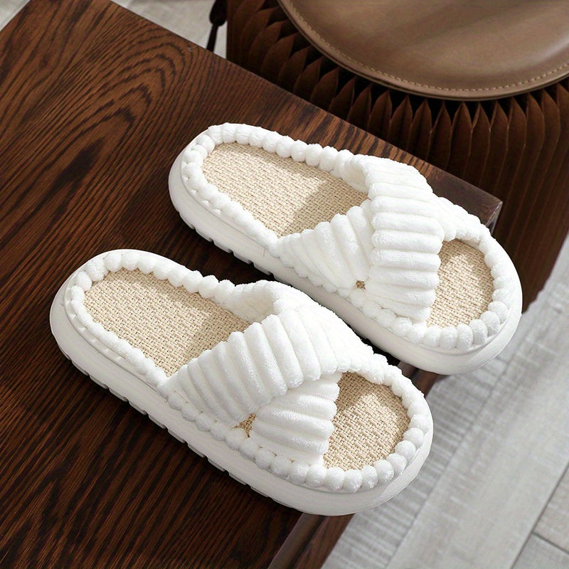 Women's Cross Strap Pillow Slippers Plush Lined Linen Shoes