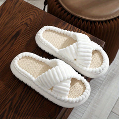 Women's Cross Strap Pillow Slippers Plush Lined Linen Shoes