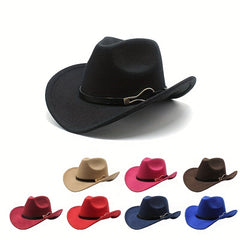 Classic Rolled Brim Cowboy Hat Belt Decor Jazz Fedora Cap Solid Felt Hat Unisex