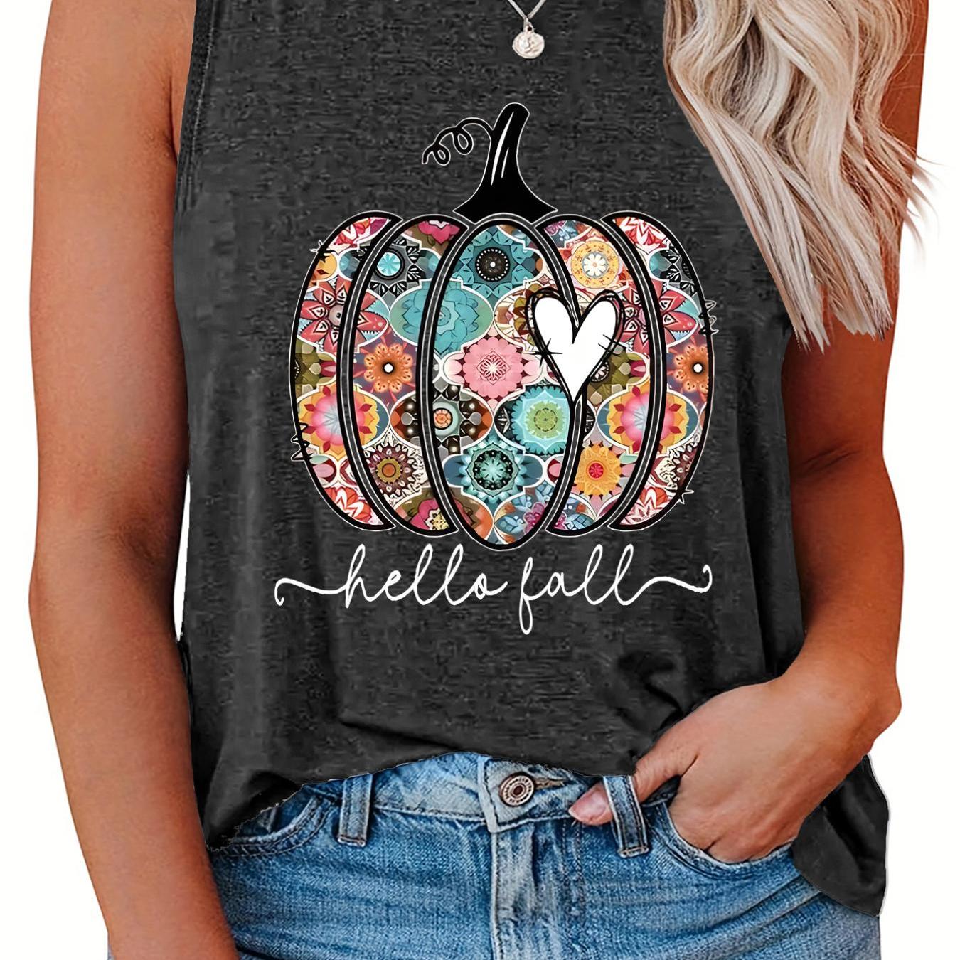 Floral Pumpkin & Slogan Print Plus Size Halloween Tank Top