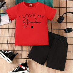 Boys I LOVE MY GRANDMA Print T-shirt & Shorts Set, Summer Kids Clothing