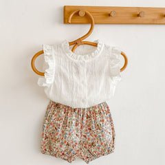 2pcs Baby Girls Sleeveless Top & Floral Print Shorts Set
