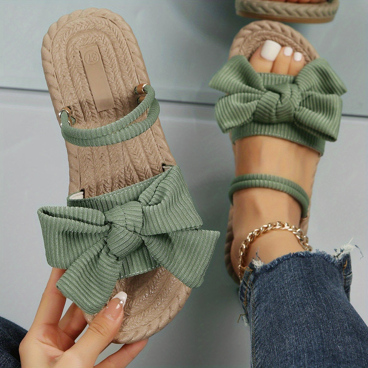 Women's Linen Sandals with Bowknot Detail