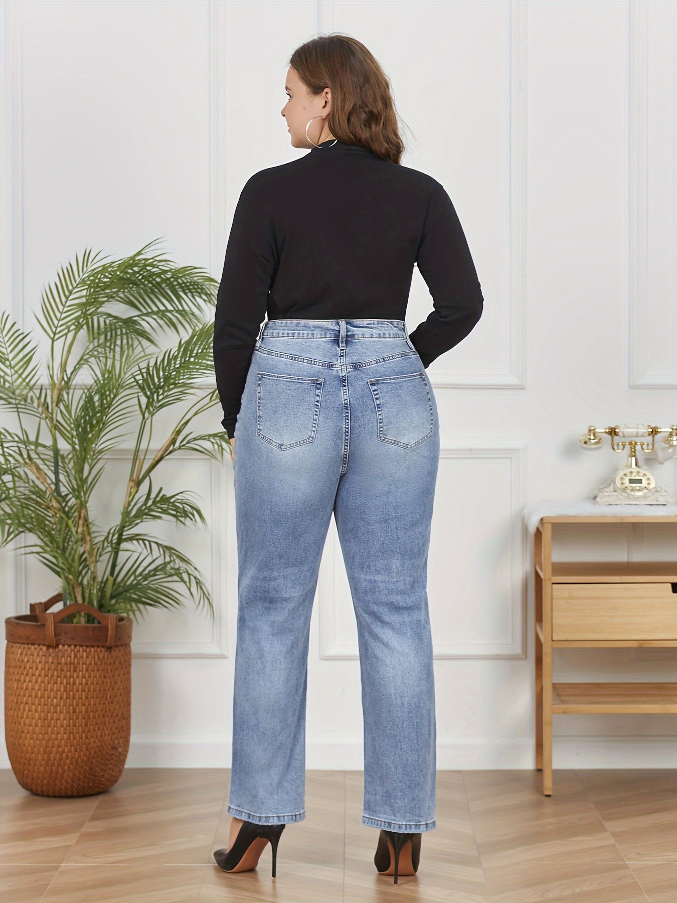 Washed Button Fly High Rise Stretch Jeans