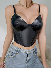 Sexy Leather Cami Crop Top V Neck Slim Fit Bodycon Vest Corset