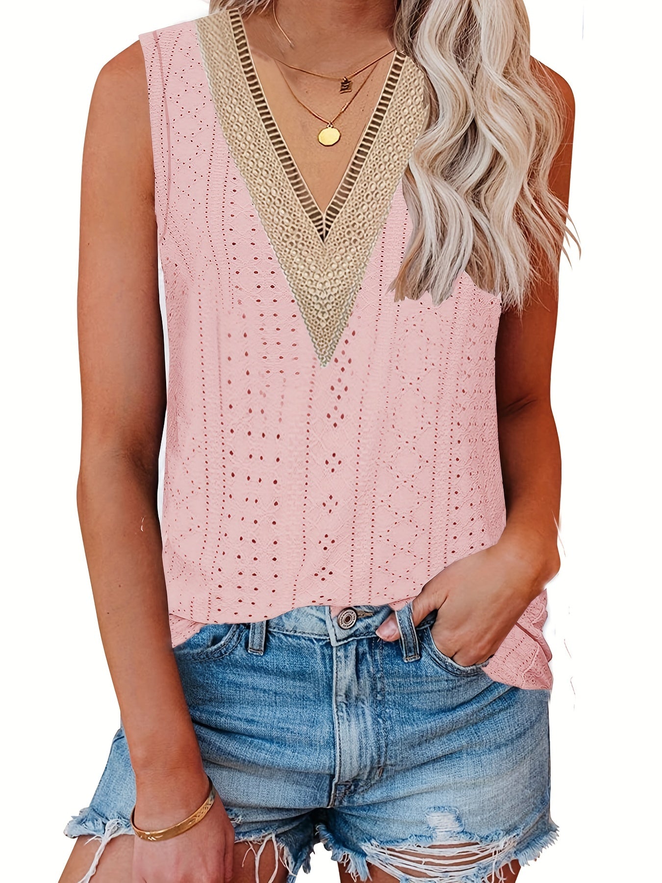 Lace Eyelet Top V Neck Sleeveless Top Women's Clothing