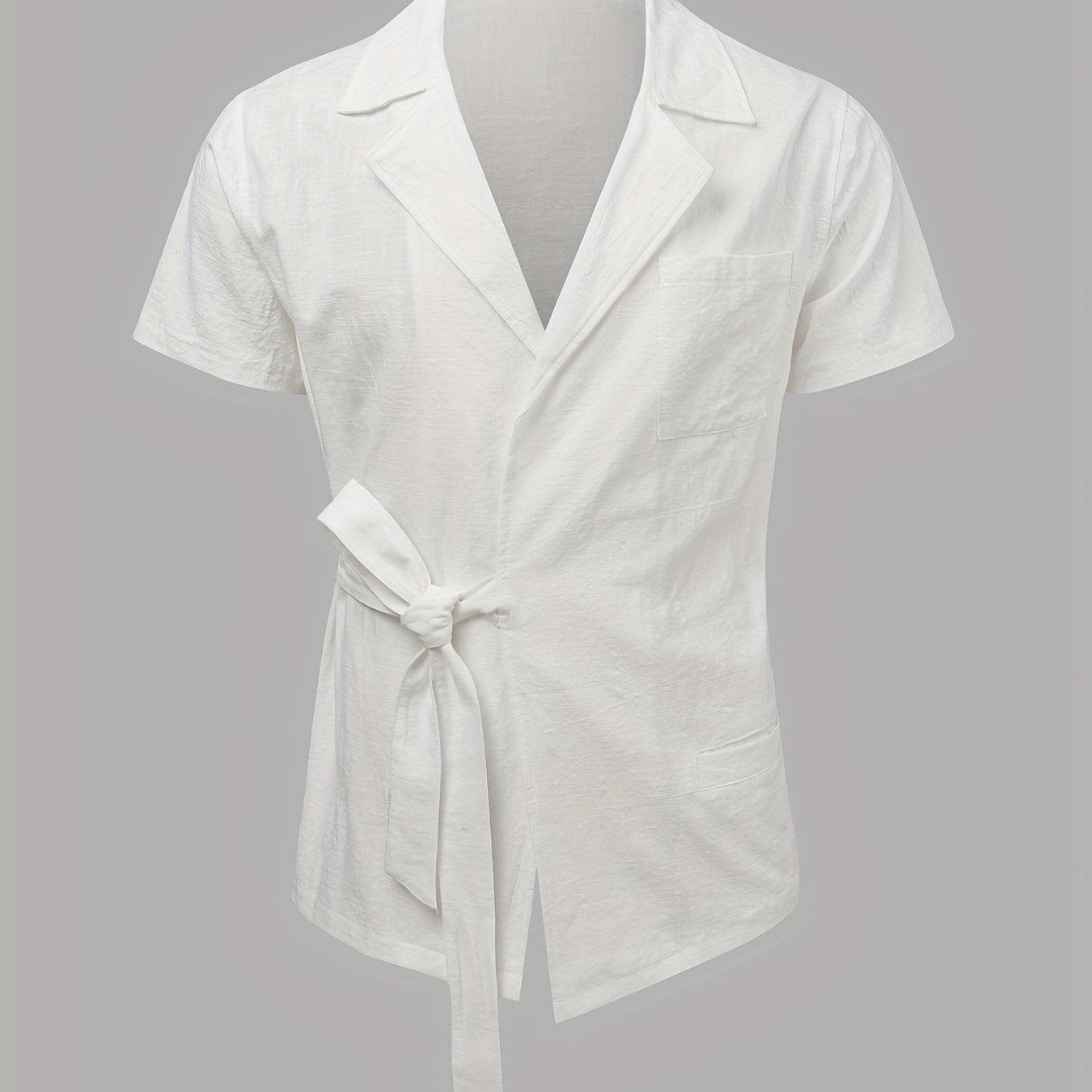 Men's Casual Cotton Shirt Lace Up Lapel Short Sleeve for Summer