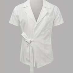 Men's Casual Cotton Shirt Lace Up Lapel Short Sleeve for Summer