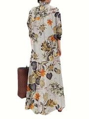 Retro Dress Women's Plus Leaf Print Long Sleeve Button Up