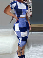 Denim Print Crop Top & Skirt Set Bodycon Outfit