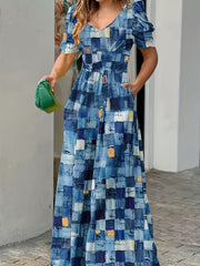 Patchwork Print Wide Leg Jumpsuit Casual Puff Sleeve Jumpsuit