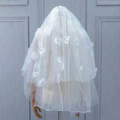 Puffy Headdress Lace Bridal Veil with Comb Satin Bowknot Veil