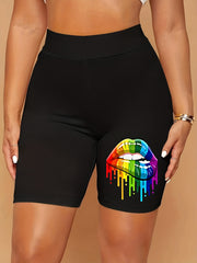 Rainbow Lip Print High Rise Biker Shorts