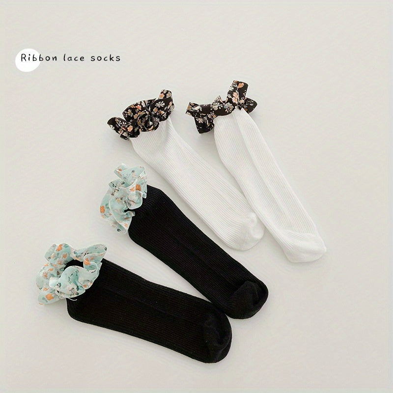Girls Kids Ribbon Lace Ruffled Socks Soft Comfy Stockings