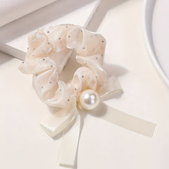 Mesh Scrunchie Faux Pearl Bow Ribbon Hair Rope Elastic Hair Tie