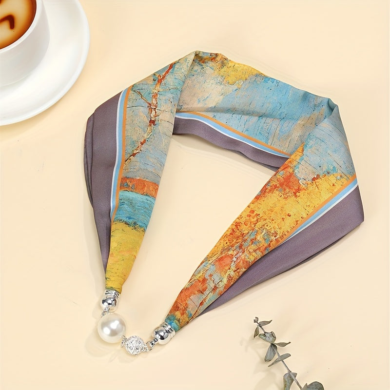 Oil Painting Print Scarf with Magnetic Buckle Silk Necklace