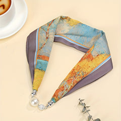 Oil Painting Print Scarf with Magnetic Buckle Silk Necklace