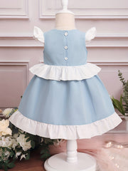 Block Ruffle Trim Little Girls Puffy Gown Dress for Party Wedding