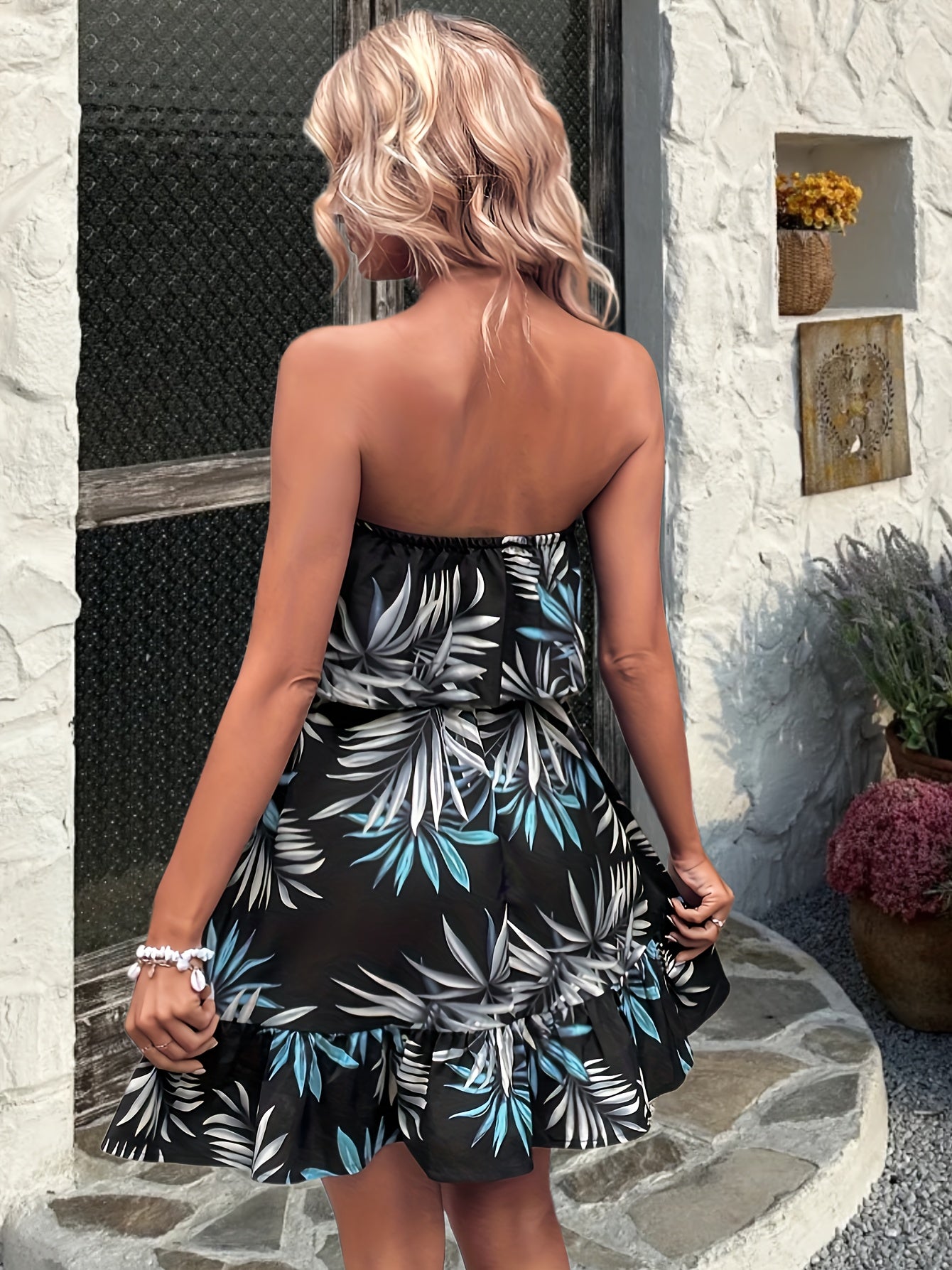 Plant Print Foldover Tube Dress Off Shoulder Summer Dress
