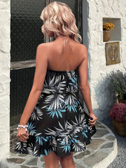Plant Print Foldover Tube Dress Off Shoulder Summer Dress