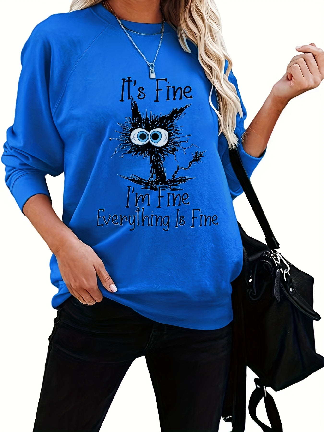 Cartoon Cat Sweatshirt Casual Crew Neck Women's Clothing