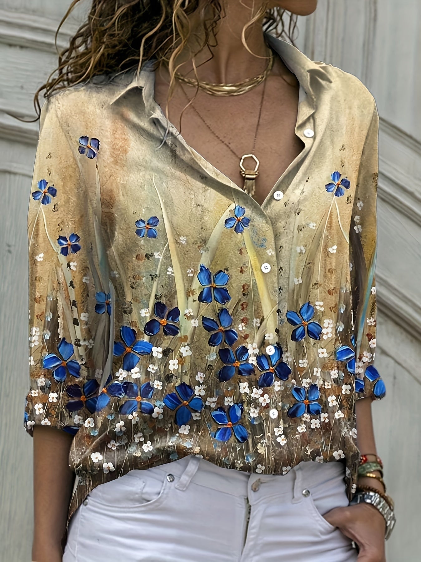 Butterfly & Floral Print Button Up Long Sleeve Blouse