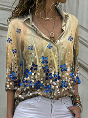 Butterfly & Floral Print Button Up Long Sleeve Blouse