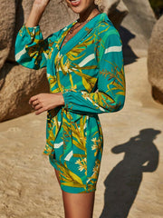 Floral Print Surplice Neck Romper Jumpsuit Long Sleeve Belted