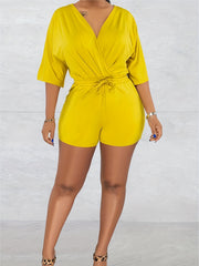 Solid Half Sleeve Drawstring Romper