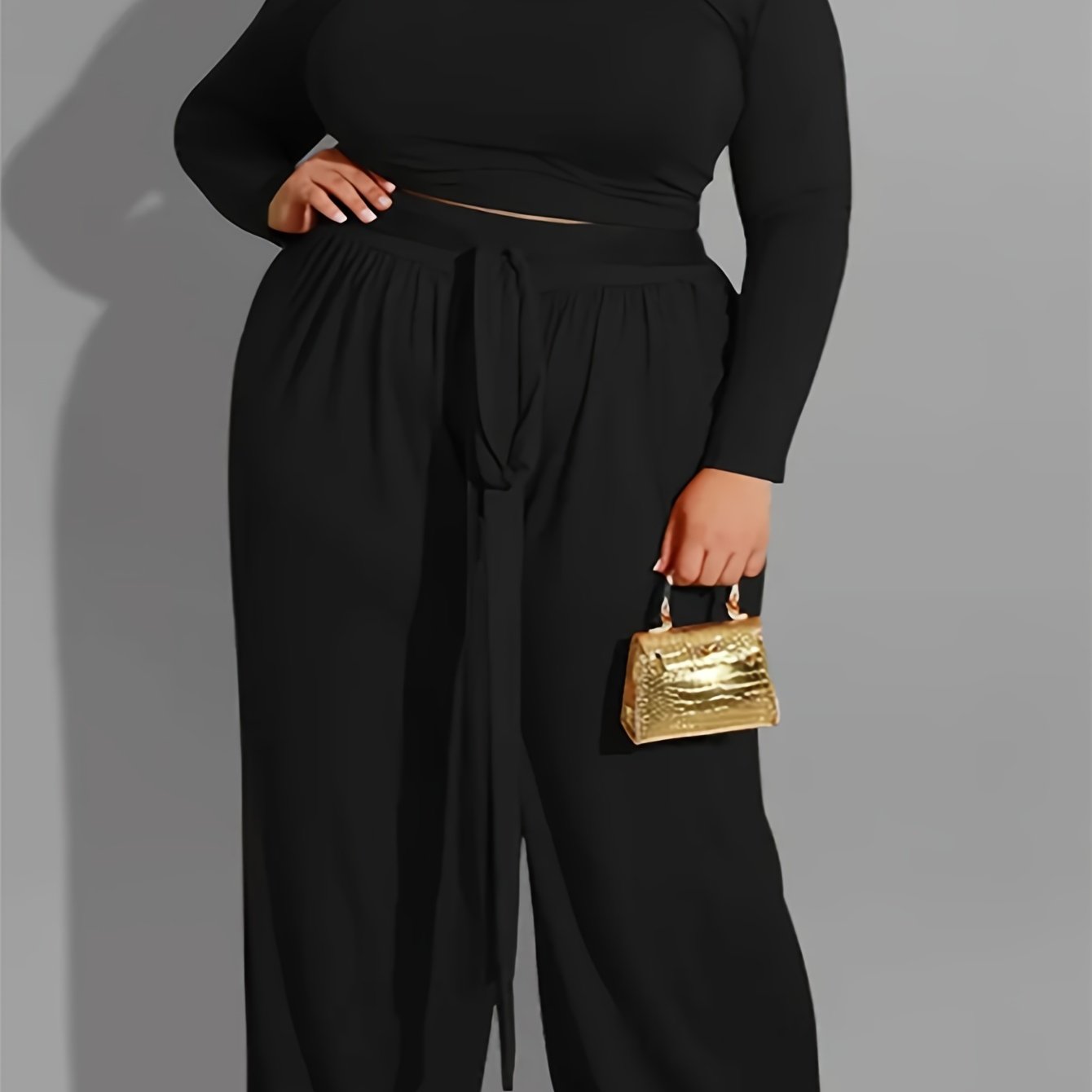 Solid Long Sleeve Crop Top & Wide Leg Joggers Outfit Set