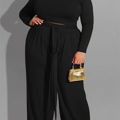 Solid Long Sleeve Crop Top & Wide Leg Joggers Outfit Set