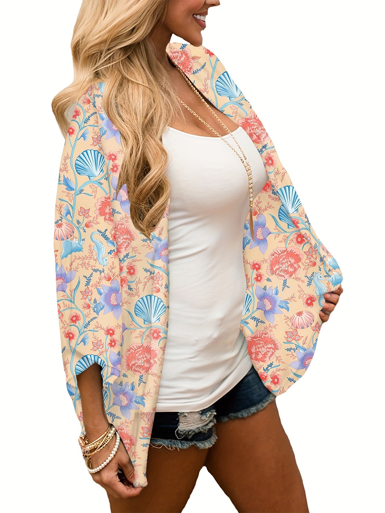 Floral Print Cover Up Shirt V Neck Kimono