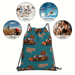 Supe Car Print Drawstring Backpack Bag Gym Sports String Cinch Bag
