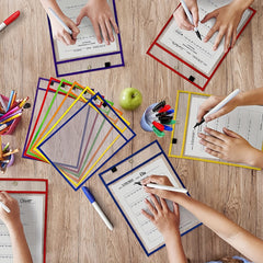 4 Sets Dry Erase Pockets Reusable with Marker Holder Colorful Sleeves