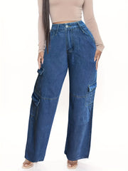 High Rise Cargo Jeans Zipper Button Closure Casual Denim Pants