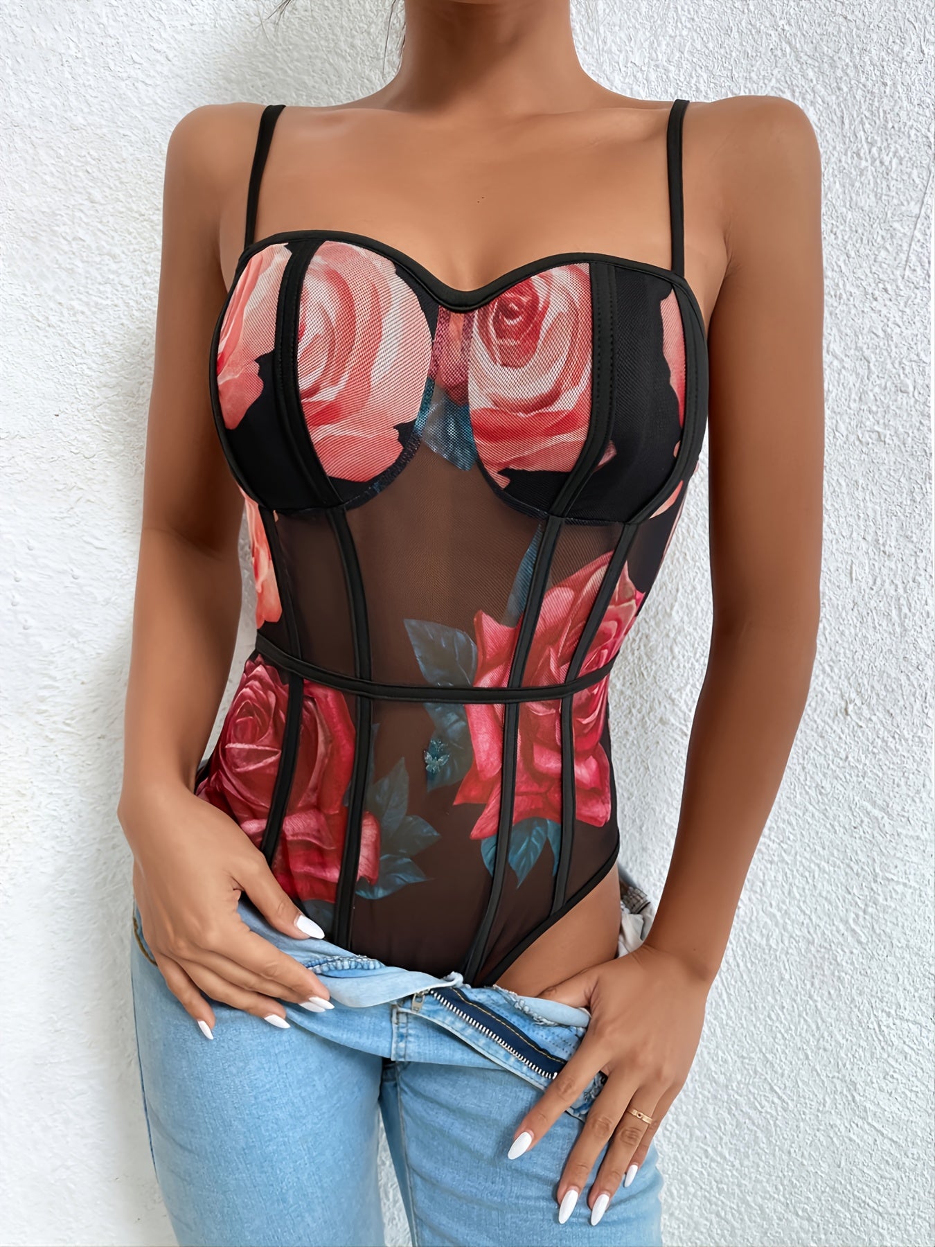 Sexy Floral Print Mesh Bodysuit Sheer Stretchy Bodysuit