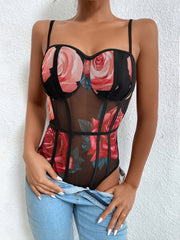 Sexy Floral Print Mesh Bodysuit Sheer Stretchy Bodysuit