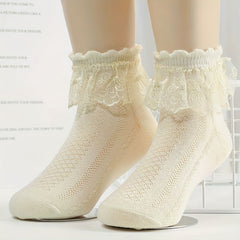 4 Pairs Girls Breathable Cotton Lace Crew Socks for Spring Summer
