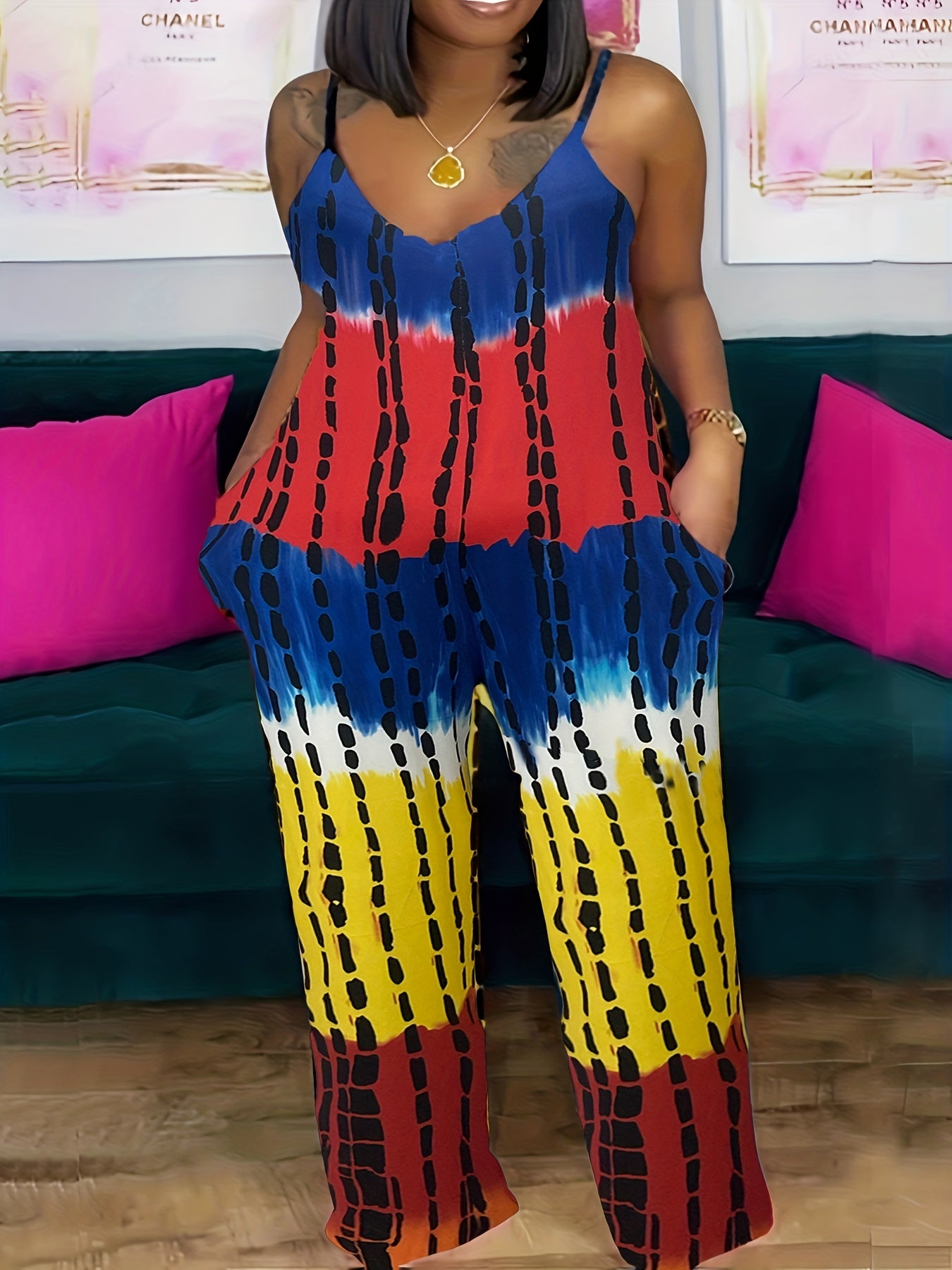 Tie Dye Cami Jumpsuit Round Neck Slight Stretch