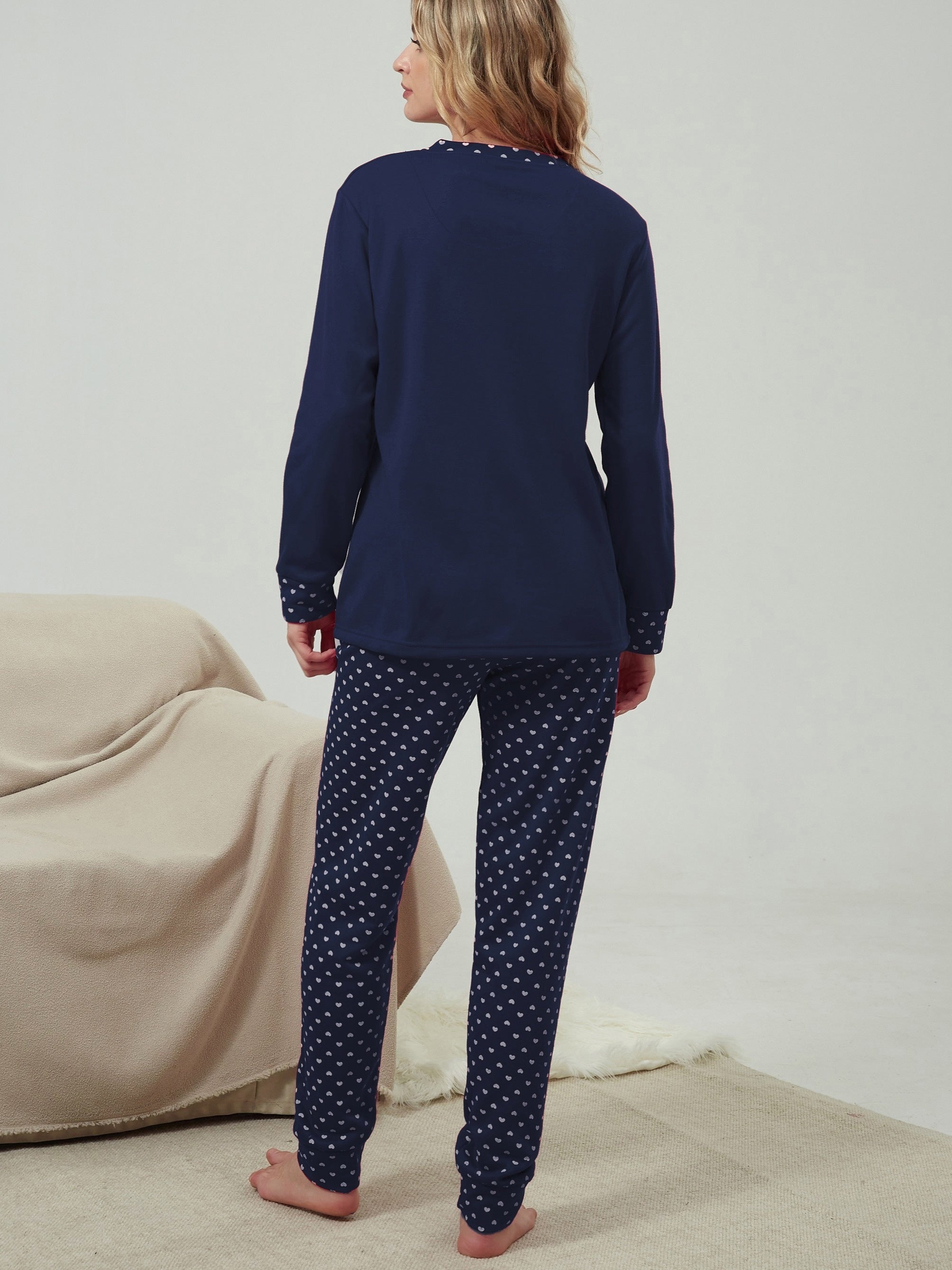 Heart Pattern Pajamas Long Sleeve Top & Pants Women's Loungewear